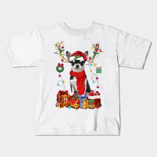 Black Chihuahua Reindeer Santa Christmas Color Lights Kids T-Shirt